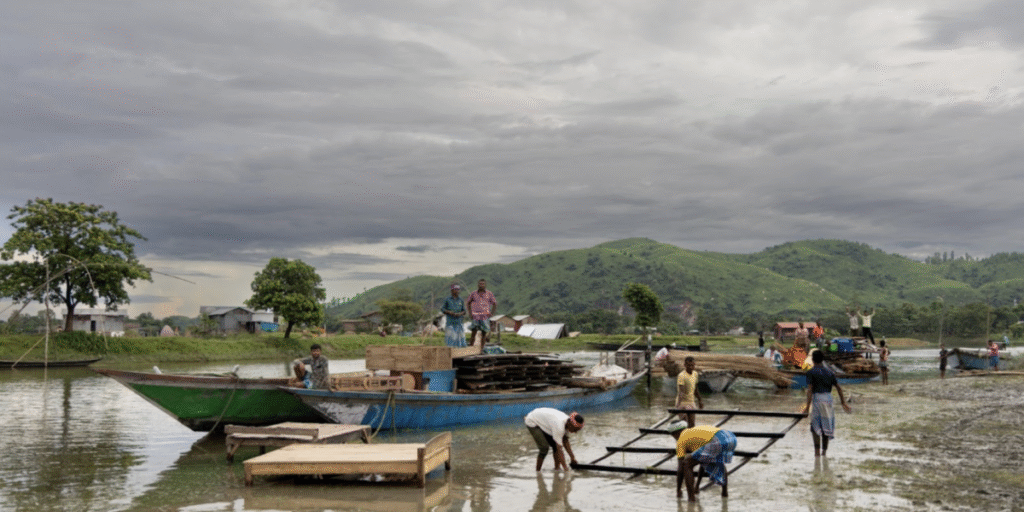 With nowhere else to go, many evicted families have decided to temporarily settle near relatives in the char areas of the Brahmaputra. Residents transport their dismantled homes on boats. Photo: Kazi Sharowar Hussain.