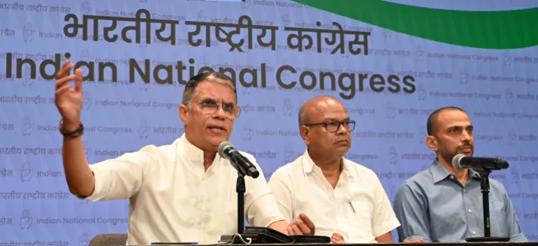 Bihar Congress President Rajesh Ram, AICC Media and Publicity Chairman Pawan Khera and AICC Bihar Incharge Krishna Allavaru address the media during a briefing on the issue of the Bihar voter list revision at Indira Bhawan on July 3, 2025 in New Delhi, India
