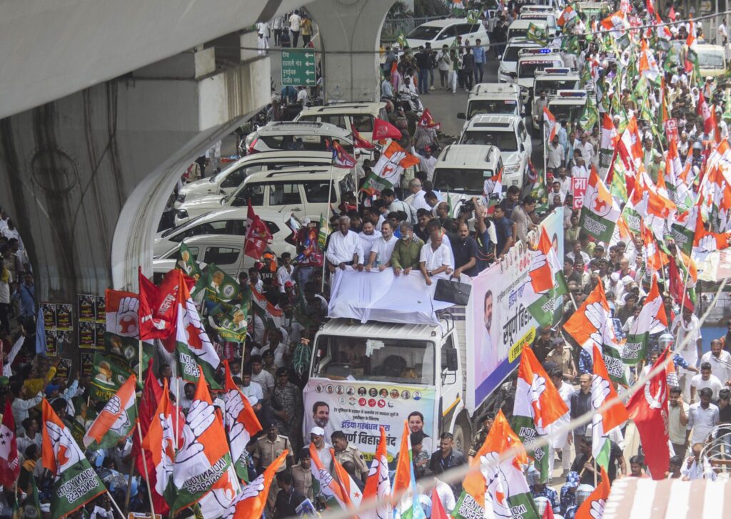 LoP in the Lok Sabha and Congress leader Rahul Gandhi with Bihar party President Rajesh Ram, RJD leader Tejashwi Yadav, CPI General Secretary D Raja, CPI (ML) Liberation General Secretary Dipankar Bhattacharya and others takes part in a protest rally during ‘Bihar bandh’ called by the INDIA bloc against Special Intensive Revision in the state, in Patna, Wednesday, July 9, 2025. Photo: PTI.