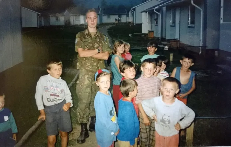 A photo of the Slapovici refugee camp in 1994. Advic lived there with his family, but he is not among the children in this photo