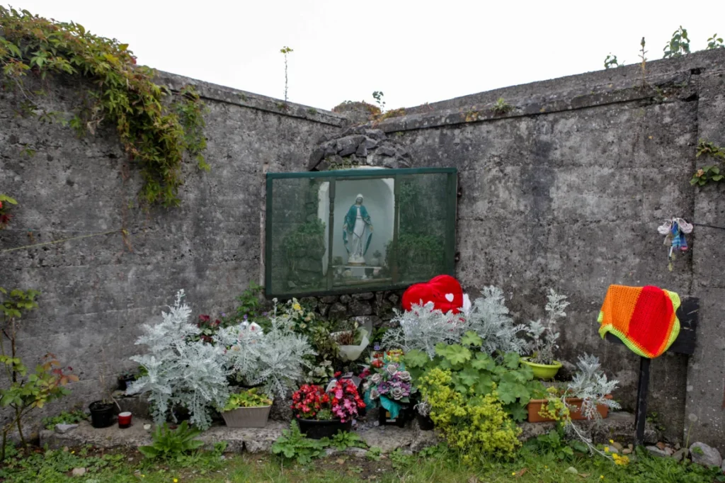 A memorial at the former site of the Tuam home, seen here in 2019, is now closed to the public as the excavation of the babies' remains begins on July 14.