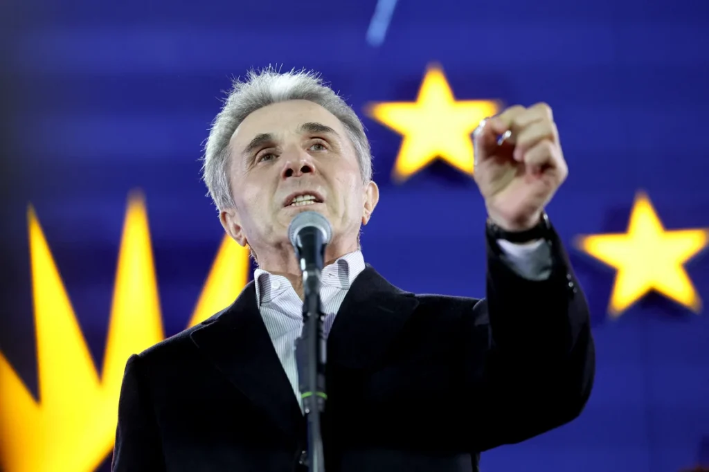 Founder of the ruling Georgian Dream party Bidzina Ivanishvili gives a speech at party headquarters after exit polls were announced during parliamentary elections in Tbilisi, Georgia, on October 26, 2024