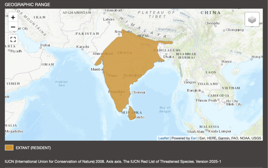 A screenshot of a distribution map of spotted deer. Photo: IUCN Red List.