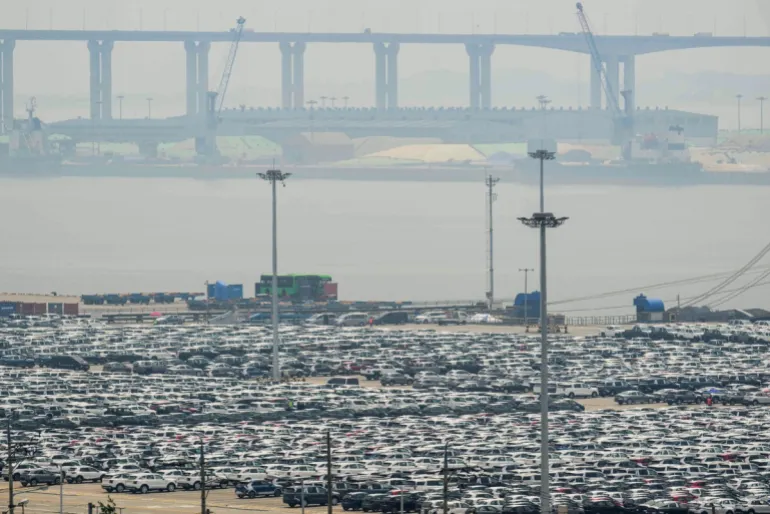 Vehicles for export at a port in Pyeongtaek, southwest of Seoul, on July 8, 2025