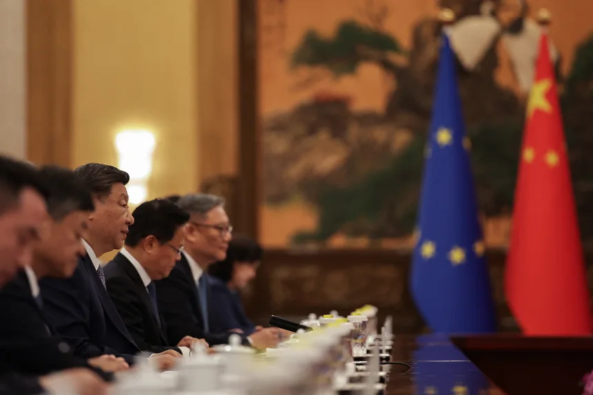 Chinese leader Xi Jinping gives his opening remarks at a meeting with top European Union officials at the Great Hall of the People in Beijing on July 24, 2025.