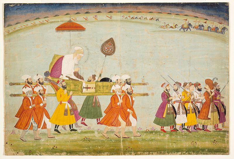 A painting of Emperor Aurangzeb being carried on a palanquin.