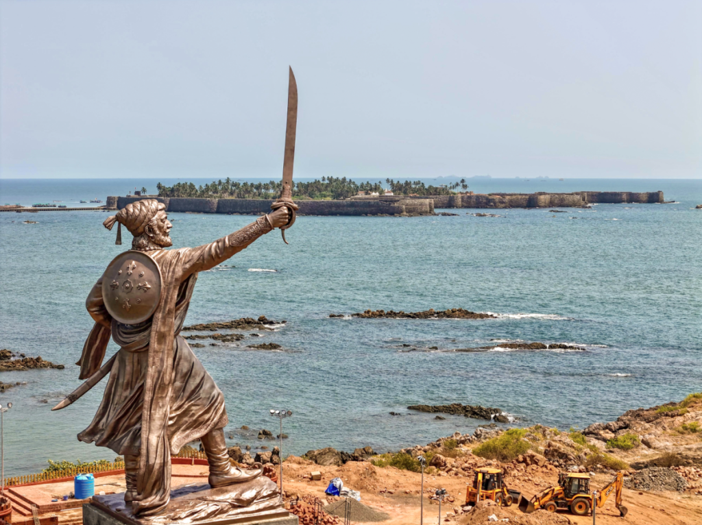 A 91-foot tall statue of Shivaji Maharaj inaugurated at Rajkot Fort, Malvan, Sindhudurg district, Maharashtra, on May 11, 2025.