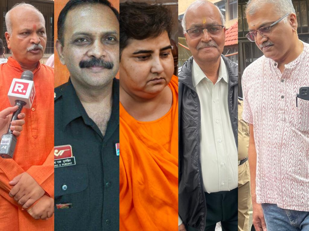 From left, Sameer Kulkarni, Prasad Purohit, Pragya Thakur, Ramesh Upadhyay and Ajay Rahirkar – five of the seven Malegaon blast accused.