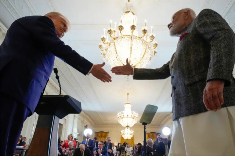 US President Donald Trump and Indian Prime Minister Narendra Modi shake hands during a news conference in the East Room of the White House, on February 13, 2025, in Washington, DCUS President Donald Trump and Indian Prime Minister Narendra Modi shake hands during a news conference in the East Room of the White House, on February 13, 2025, in Washington, DC