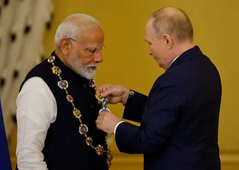 Russian President Vladimir Putin awards Indian Prime Minister Narendra Modi with the Order of St Andrew the Apostle the First-Called, at the Kremlin in Moscow, Russia, on July 9, 2024