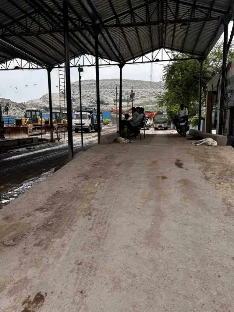 The entrance to the Ghazipur landfill, through which all the trucks carrying the city’s waste enter