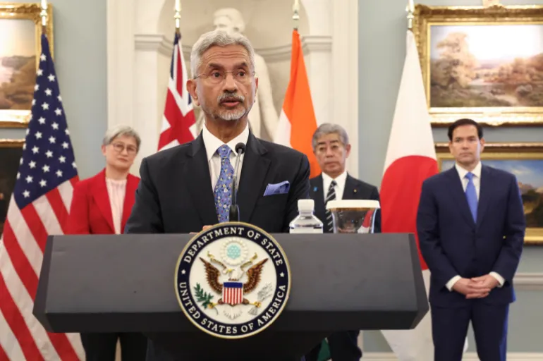 Indian External Affairs Minister S Jaishankar speaks as Australia’s Foreign Minister Penny Wong, Japanese Foreign Minister Takeshi Iwaya, and US Secretary of State Marco Rubio stand together at the start of a Quad meeting in Washington, DC, July 1, 2025