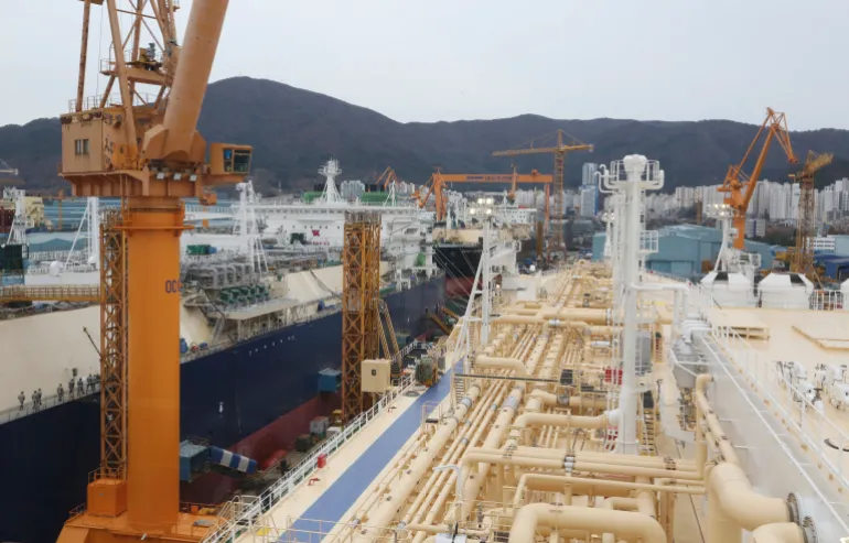 Liquefied natural gas (LNG) carriers under construction at the Daewoo Shipbuilding and Marine Engineering facility on Geoje Island, South Korea, on December 7, 2018
