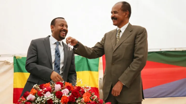 Eritrea’s President Isaias Afwerki and Ethiopia’s Prime Minister Abiy Ahmed during the inauguration ceremony marking the reopening of the Eritrean Embassy in Addis Ababa, Ethiopia, July 16, 2018