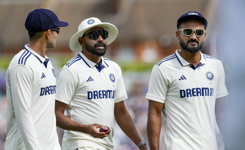 India’s captain Shubman Gill with Mohammed Siraj and Prasidh Krishna during the fourth day of the fifth Test match between India and England, at The Oval cricket ground, in London, England, August 3, 2025. Their jerseys says ‘Dream11’ because of the company’s title sponsorship of the Indian cricket team, which it withdrew on August 24, 2025. 