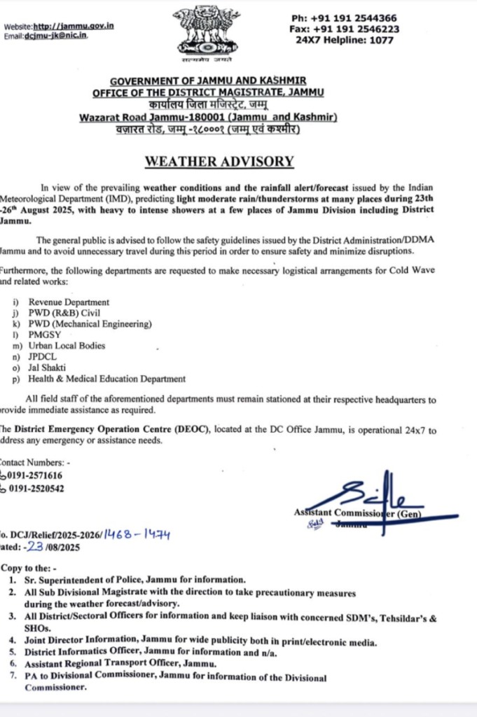 A weather advisory warning of adverse weather conditions in J&K.