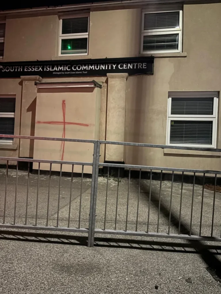 The mosque in Essex was vandalised amid a nationwide flag-raising campaign that followed a wave of protests against asylum seekers