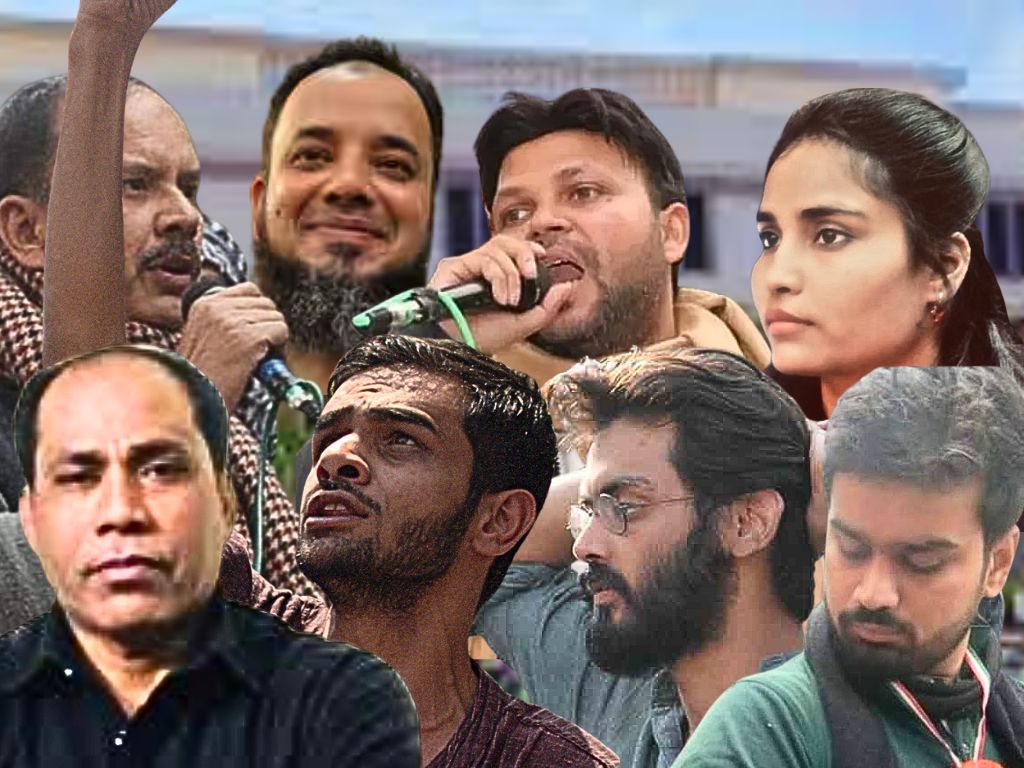 Clockwise from top left: Shifa ur Rehman, Khalid Saifi, Meeran Haidar, Gulfisha Fatima, Athar Khan, Sharjeel Imam, Umar Khalid, and Saleem Khan.