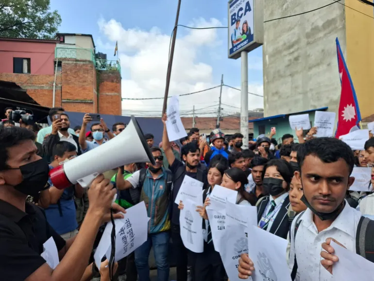 High school students at Monday’s protest in Kathmandu