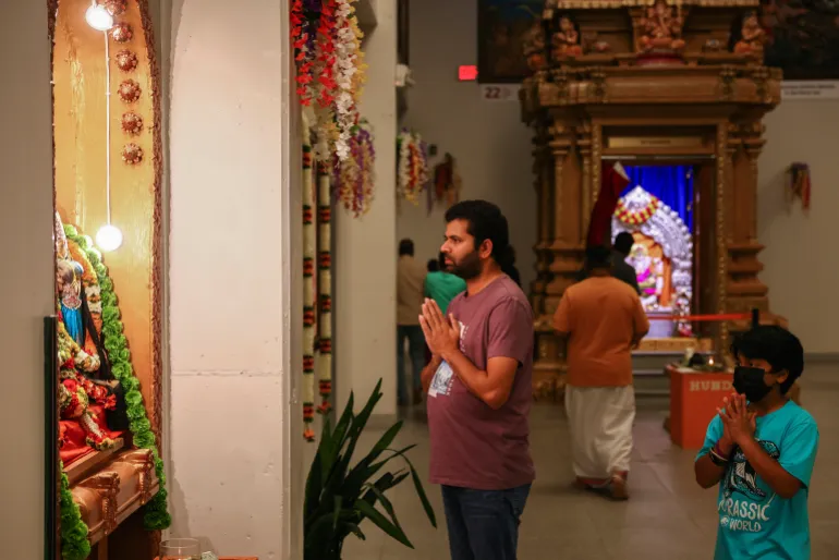 Worshippers pray at the Karya Siddhi Hanuman temple in Frisco, Texas, October 22, 2022