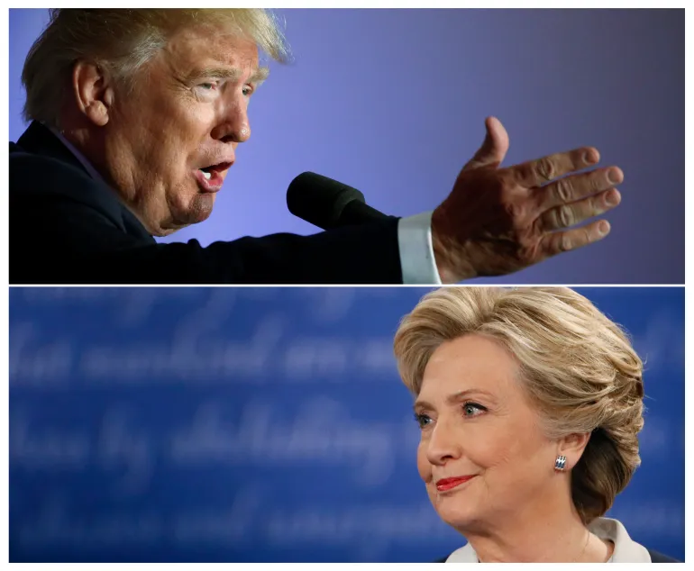 Donald Trump (top) speaks at a campaign event in Washington, DC, as Hillary Clinton listens during a town hall debate in Washington, DC, on October 26, 2016