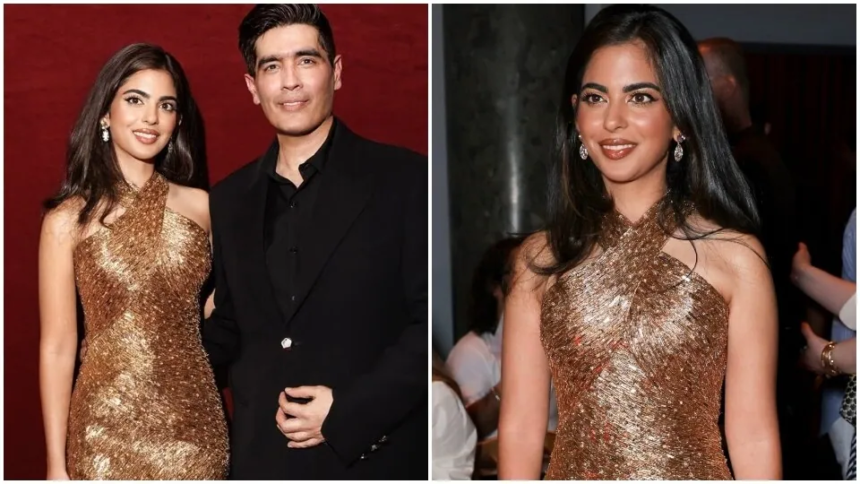Stunning! 7 Gorgeous Details of Isha Ambani’s Handmade Gold Dress at Manish Malhotra’s Paris Couture Week Debut